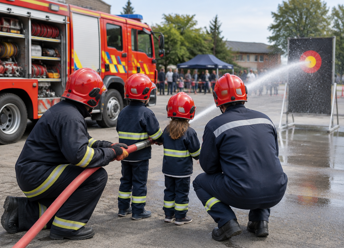 Kinderen spuiten onder begeleiding van brandweerlui met een brandslang